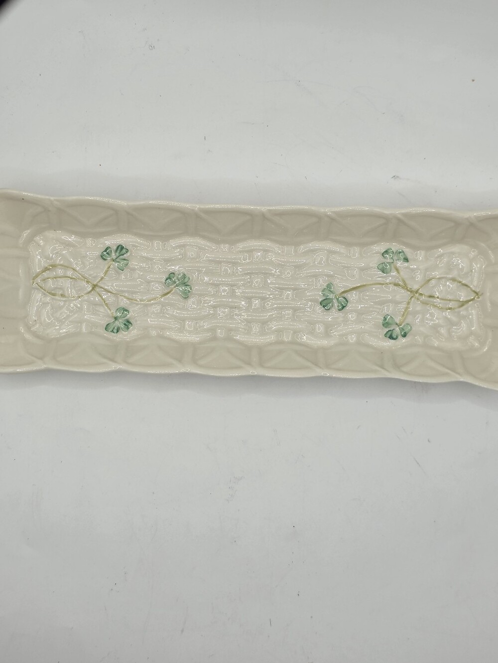 Vintage Belleek Irish Fine Parian China Shamrock Basketweave Rectangular Tray